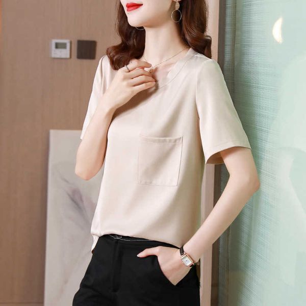 

korean fashion women's shirt silk blouses for women solid vintage blue o-neck blouse female pockets basic s 210604, White