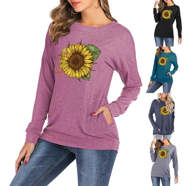 

women's blouses & shirts women long sleeve sunflower print round collar sweater blouse with pocket clothes 2021 autumn dames, White