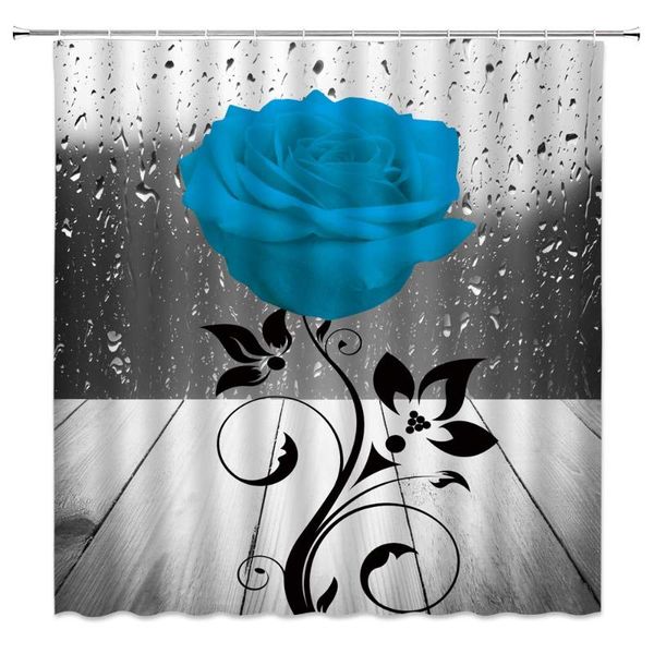 

blue rose shower curtain rustic wood board vintage romantic teal spring flower bloom creative black leaf floral plant curtains