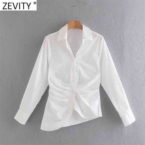 

women fashion breasted pleats white poplin shirt office lady long sleeve irregular blouse roupas chic chemise ls9098 210420
