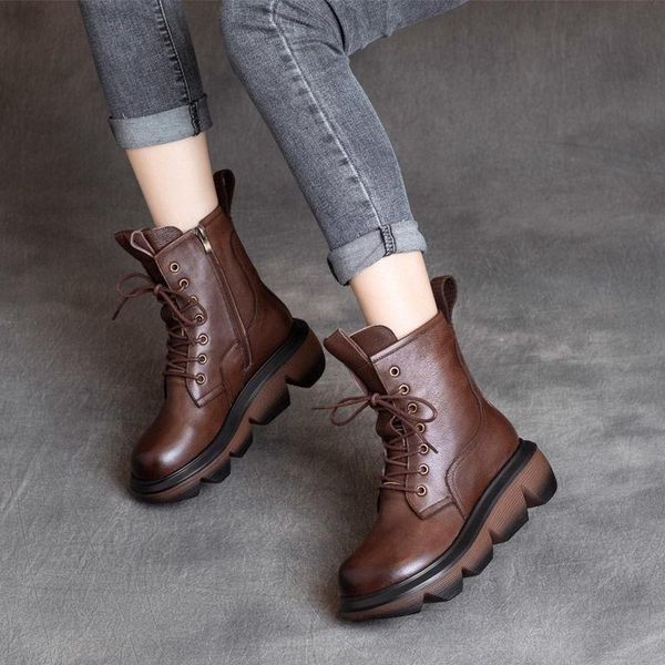 

boots ankle round toe women winter warm lace-up square heel zipper middle heels ladies fashion black brown boot