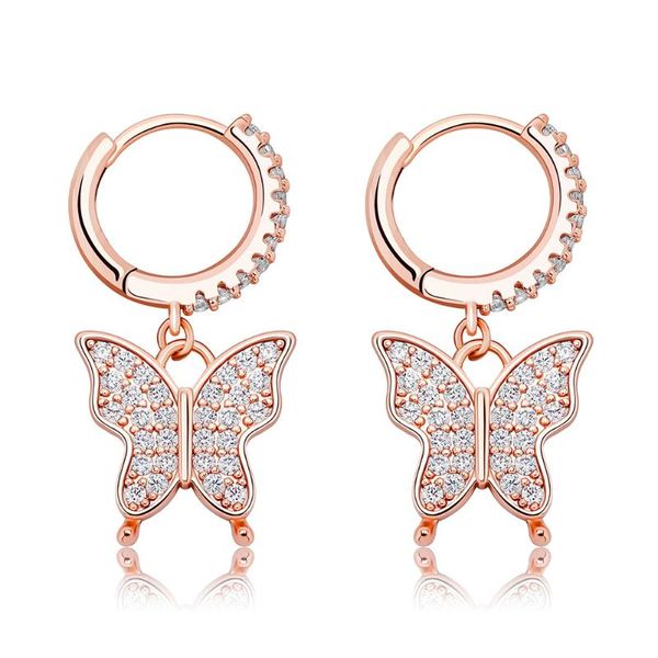 

stud 9mm butterfly women's earrings gold color iced out cubic zirconia hip hop fashion jewelry for gift, Golden;silver