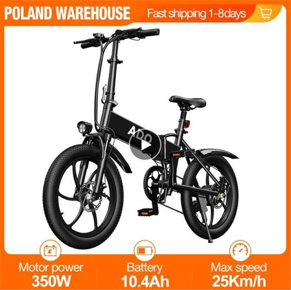 

[poland stock] ado a20 foldable electric bicycle 20inche tire e bike 350w dc motor 35km/h removable battery mountain bike