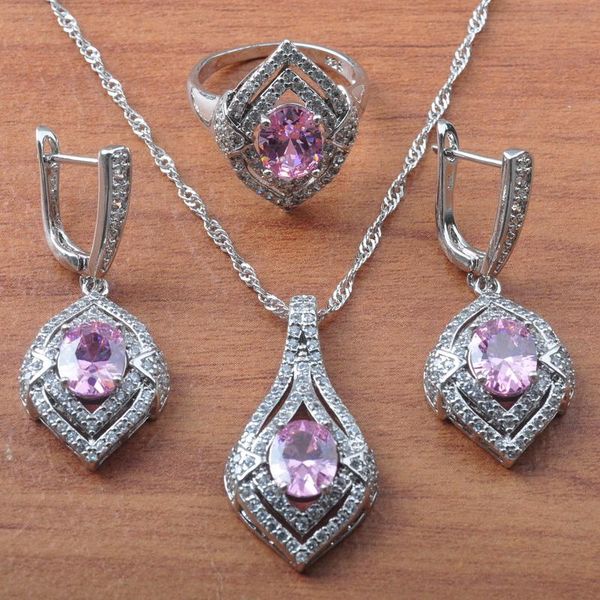 

earrings & necklace st pink zirconiasilver color jewelry sets for women brithday gift crystal pendant rings set js0611, Silver