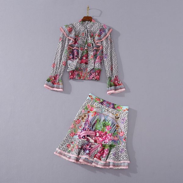 

european and american women's clothing 2020 summer new style shirt long sleeves and flounce printed fishtail skirt fashion suits, White