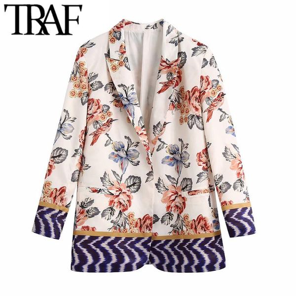 

women's suits & blazers traf women fashion floral print open blazer coat vintage long sleeve welt pockets female outerwear chic veste, White;black