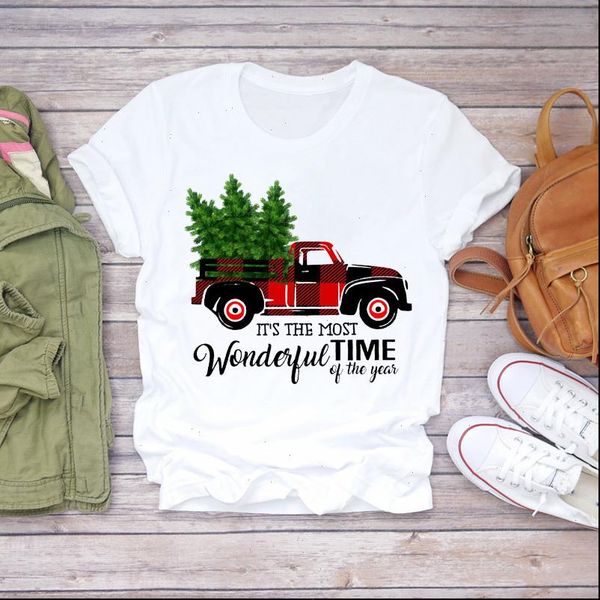 

cartoon tree plaid truck animal womens t shirt happy christmas snow print graphic female tee, White