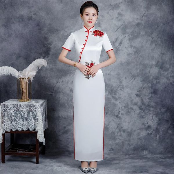

ethnic clothing social etiquette dress slim women qipao chinese traditional long fork mandarin collar elegant ladies cheongsam plus size 5xl, Red