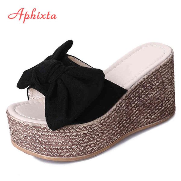 

aphixta summer women wedge slippers platform appliques butterfly-knot beach antiskid female sandals clog shoes slides women k731, Black