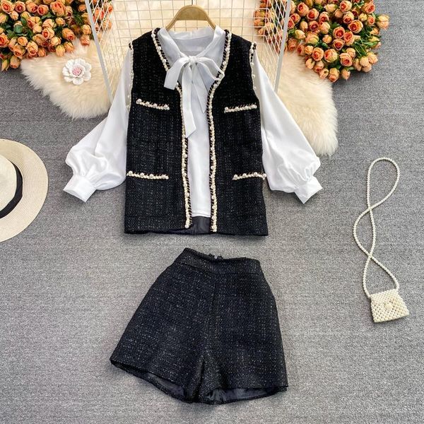 

women's tracksuits bow lace-up lantern long sleeve white shirt small fragrance pearl tweed jacket high waist short pants women casual o, Gray