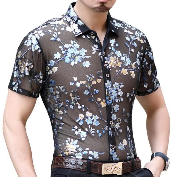 

floral hawaiian shirt men camicia uomo camisa social fashion streetwear transparent summer short sleeve hombre men's casual shirts, White;black