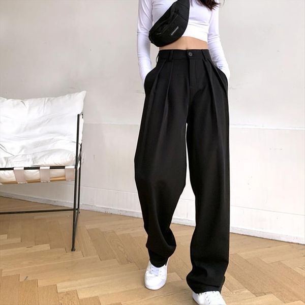 

spring and summer black gray women capri loose straight high waist wide leg pant pocket casual streetwear trousers female, Black;white