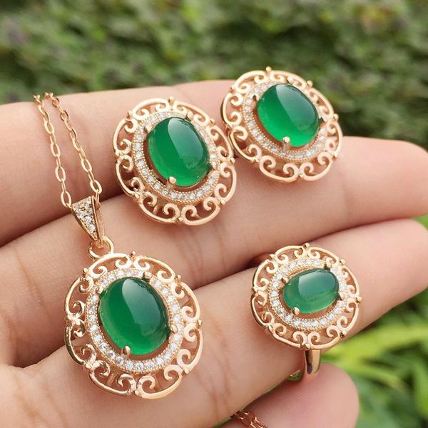 

bracelet, earrings & necklace [meibapj natural chalcedony gemstone ring and for women real 925 sterling silver green stone fine jewelry set, Black
