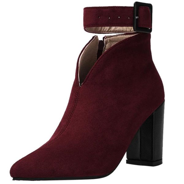 

boots women ankle winter suede mid-calf square heel shoes buckle strap casual short fashion boot chaussures femme, Black