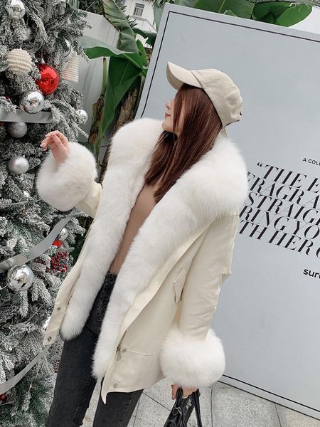 

women's fur & faux oftbuy 2021 winter women fashion parkas natural collar thick real rex liner loose warm outerwear streetwear, Black