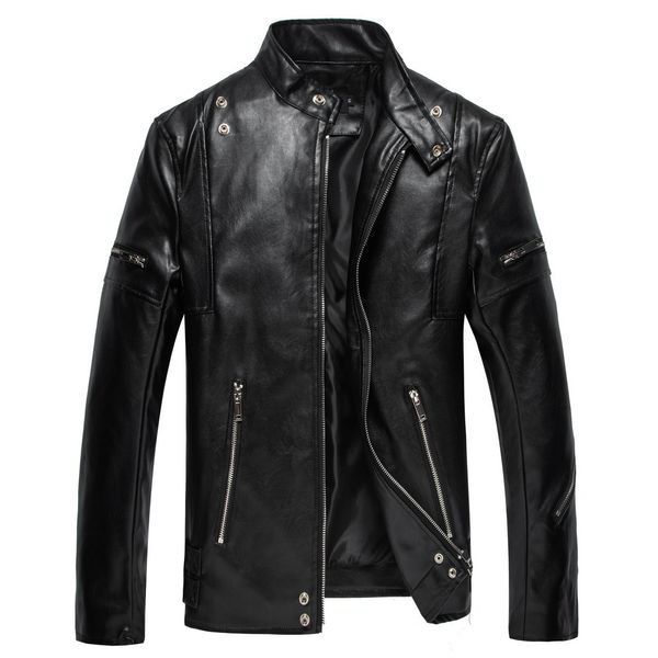 

faux leather jacket mens brand stand collar motorcycle pu jacket men zipper moto&biker warm streetwear casual outwear 210524, Black