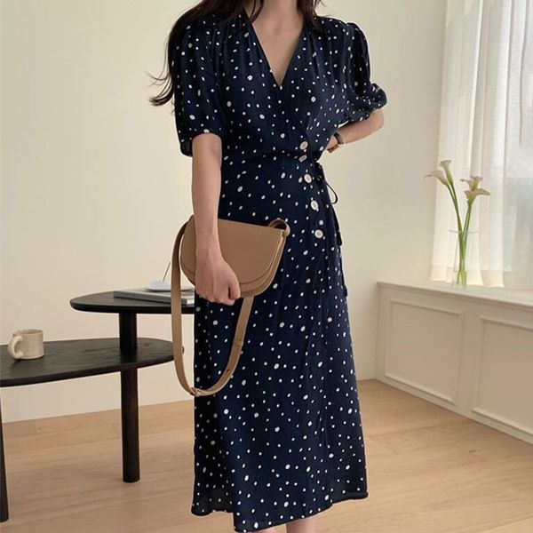 

women black high waist dot bandage single-breasted a-line dress v- neck short sleeve fashion summer 2f0334 210510, Black;gray