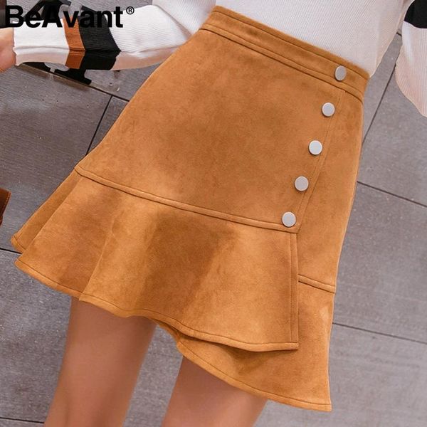 

skirts beavant elegant ruffle short suede womens button high waist bodycon mini skirt plus size casual trumpet winter 2021, Black