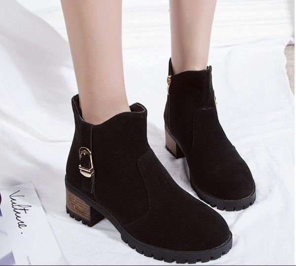 

boots autumn winter 2021 buckle woman women shoes ladies thick fur ankle high heel platform rubber snow, Black