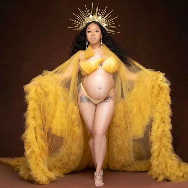 

women fluffy tulle maternity sleepwear robes yellow custom long dresses pshoot beach wedding bridal birthday party bathrobe, White