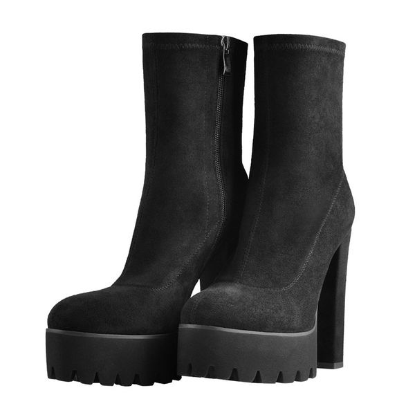 

boots womens platform boots 13~14cm chunky heel round toe zip up suede thick black ankle booties plus size us5~us15