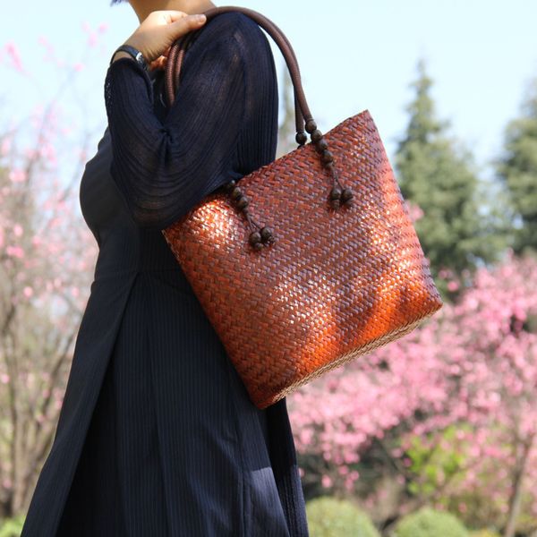 

woven bag straw bamboo brown stuff sackstotes straw women's rattan leisure vacation one shoulder hand