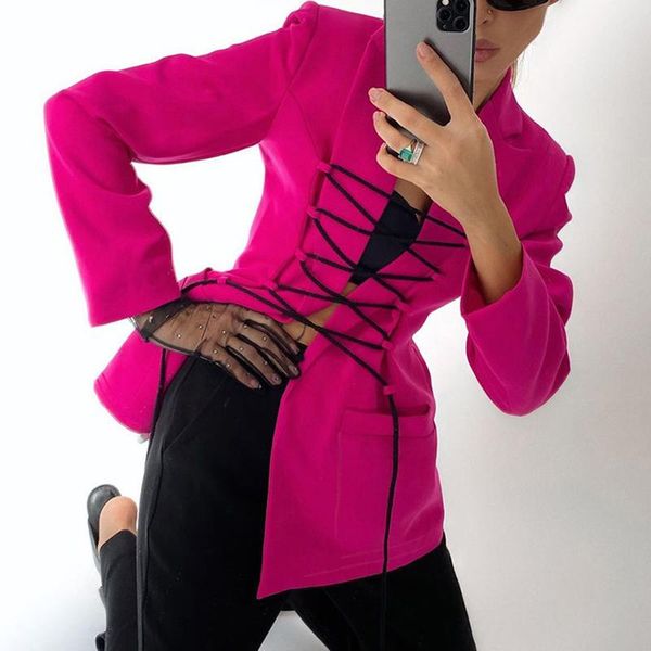 

women's suits & blazers lace up coat pure color elegant clothing casual open front pockets cardigan formal long sleeve blouse, White;black