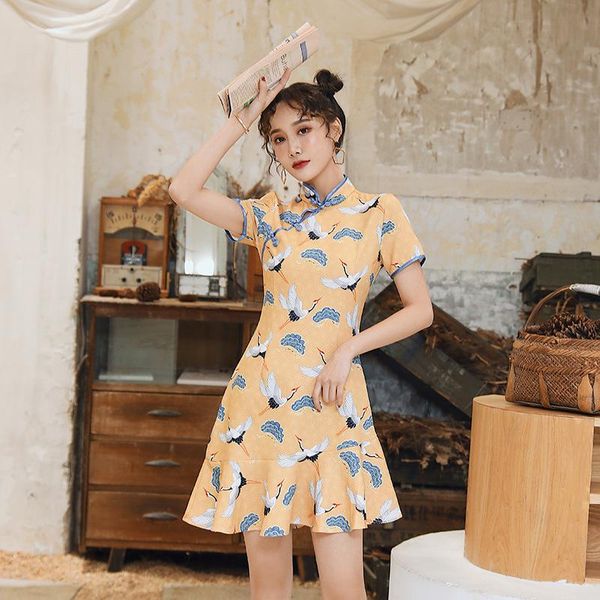 

summer women's art cheongsam modified printed dress girl sweet young skirt ethnic clothing, Red