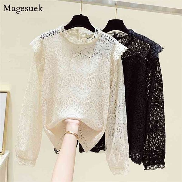 

long sleeve for women fashion autumn hollow out lace black shirt korean vintage office blouses blusa 11602 210512, White