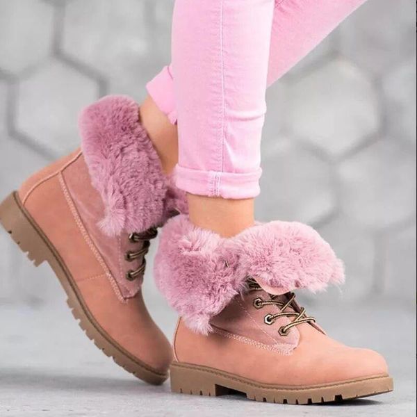 

boots winter women snow ankle keep warm plush fur lace up platform vintage punk ladies shoes botines mujer, Black
