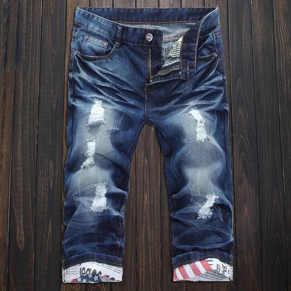 

men's jeans mens spring summer cotton thin ripped holes slim cropped trousers pants pocket zipper scratch denim straight shorts, Blue