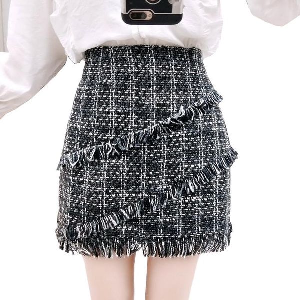 

skirts 2021 women woolen mini skirt autumn winter vintage straight plaid tassel skater high waist femininas casual nw1014, Black