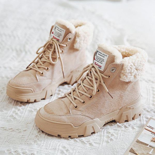 

boots women snow beige plush warm fur causal shoes sneakers ankle booties platform thick sole lace up winter mujer, Black