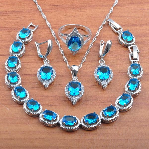 

earrings & necklace bridal jewelrysilver color jewelry set gift sky blue zirconia for women pendant rings bracelet js0515, Silver