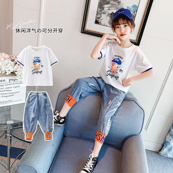 

clothing sets girls outfits cartoon letter print summer white t shirt & denim pants 2pcs teenager back to school set children clothes