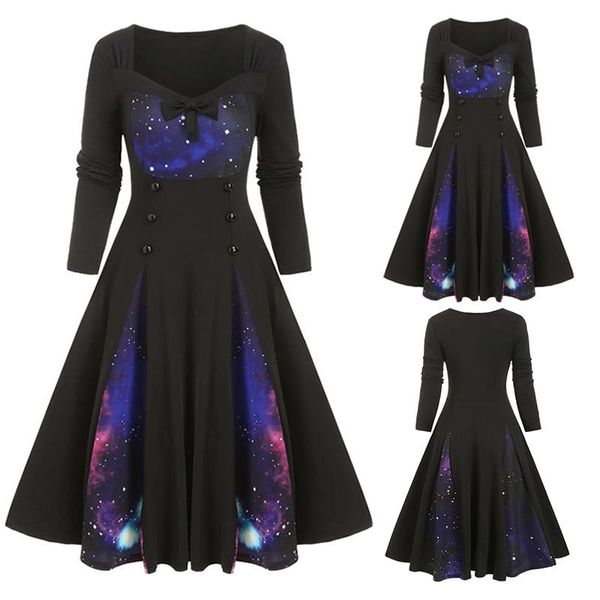 

casual dresses women's fashion halloween starry sky stitching printed dress black, Black;gray