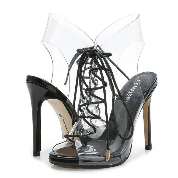 

transparent sandals summer shoes high heels open toe lace-up gladiator pvc jelly, Black