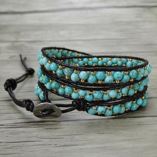 

tennis blue stone beads bracelet boho wrap seed bead leather yoga jewelry bohemian, Golden;silver