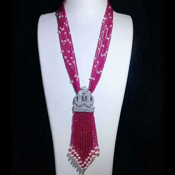 

chains style 8strands red green glass white freshwater pearl tassels necklace micro inlay zircon accessorie fashion jewelry, Silver