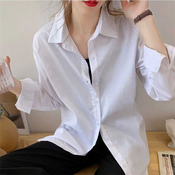 

solid shirts spring and autumn loose turn down collar white full blouse women 210615