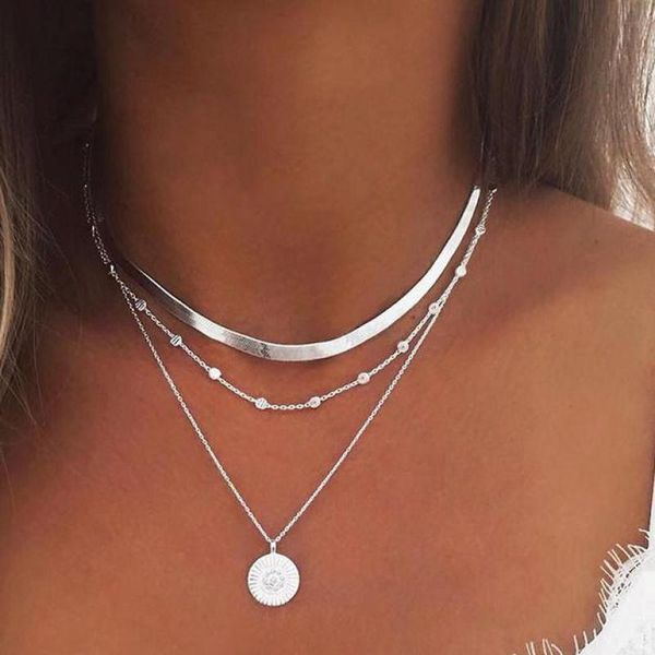 

pendant necklaces multilayer necklace women geometric set long chain jewelry gold colors simple layering fashion bijoux collares, Silver