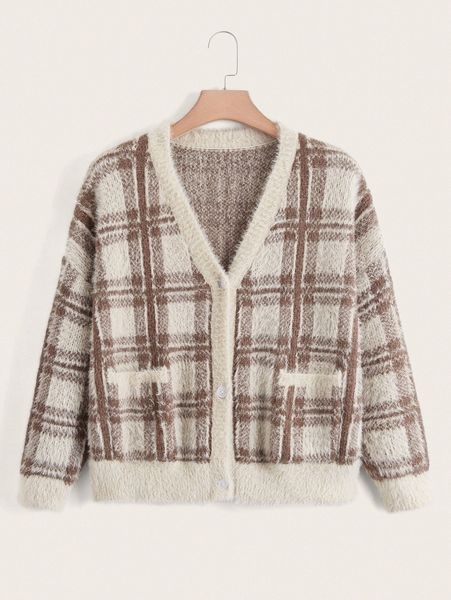 

plus plaid pattern fuzzy drop shoulder cardigan a54c#, Black