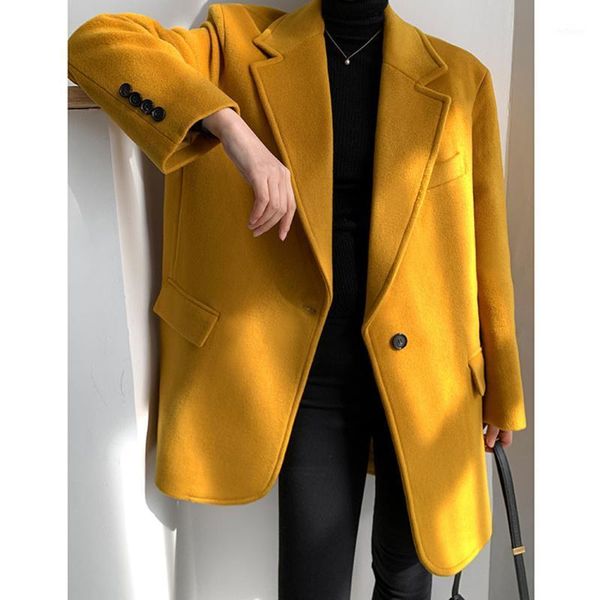 

women's wool & blends loose fit yellow temperament long woolen coat parkas sleeve women fashion tide autumn winter 2021, Black