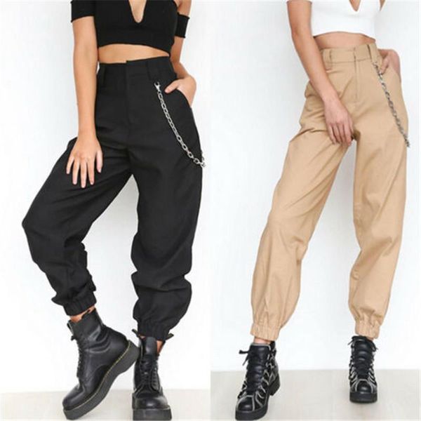 

high waist cargo pants women casual loose solid trousers pockets elastic bottoms s-3xl plus size women's & capris, Black;white
