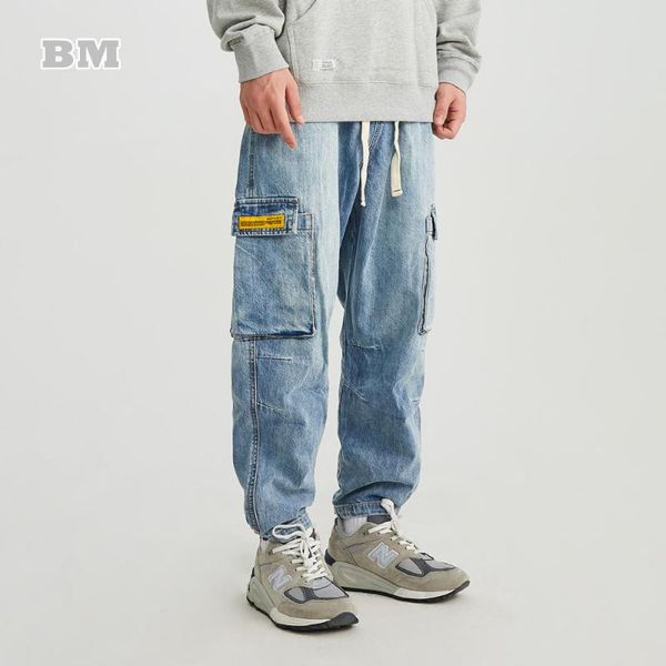 

men's jeans 2021 japanese streetwear baggy men clothing harajuku cargo pants kpop hip hop casual harem denim trousers, Blue