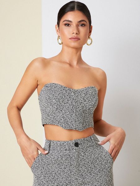 

asymmetrical hem tweed crop tube s4ld#, White