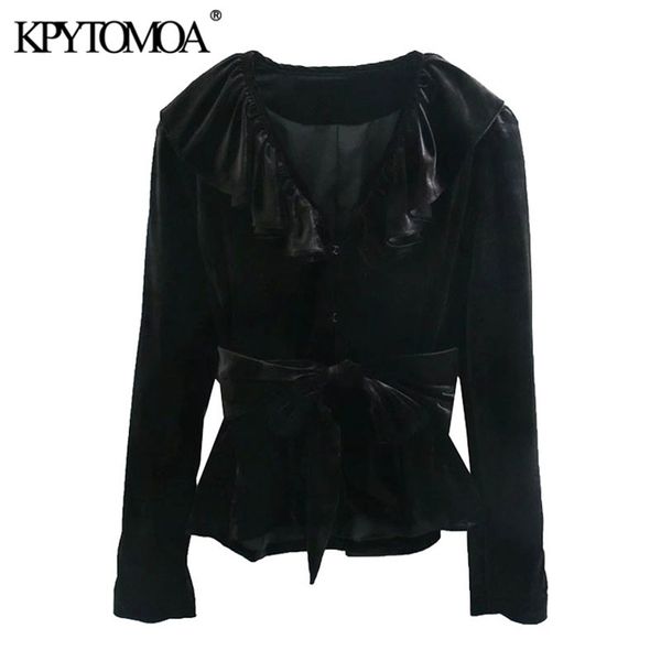

women fashion with belt ruffled velvet blazer coat vintage v neck long sleeve female outerwear chic 210420, White;black