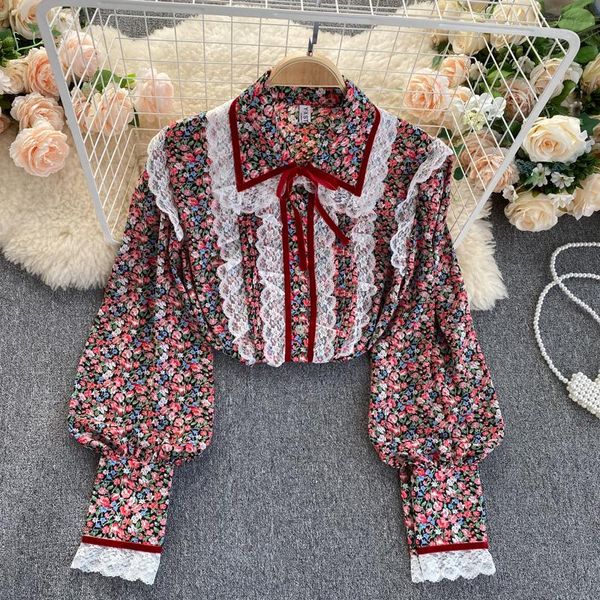 

women's blouses & shirts sweet floral women 2021 lace patchwork long sleeve bowknot shirt ladies puff blouse korean clothes, White