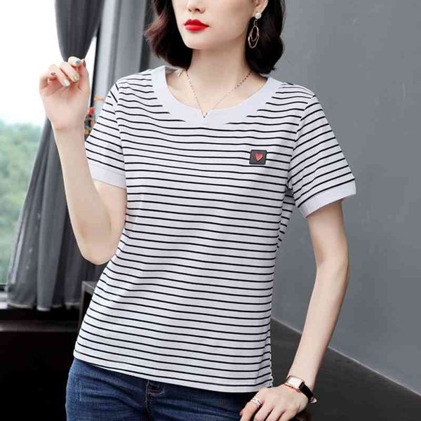 Striped Women T-Shirt Applices Tops T-Shirt Korean Fashion Plus Size S Camisetas Mujer Tee Shirt Femme 210615