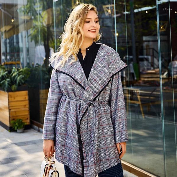 

women's trench coats l-4xl plus size autumn women coat vintage plaid turn down collar long sleeve outwear office lady large, Tan;black